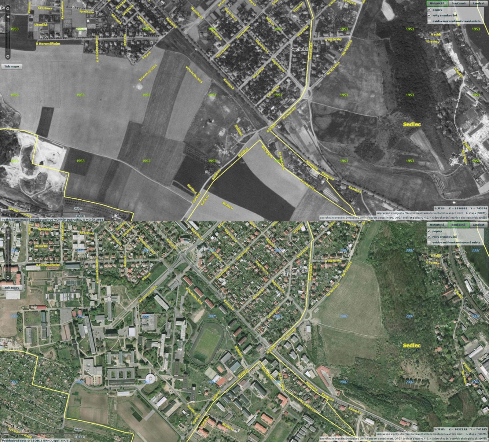 Letecké snímky areálu ČZU z roku 1953 Letecké snímky areálu ČZU z roku 1953 v porovnání s rokem 2007