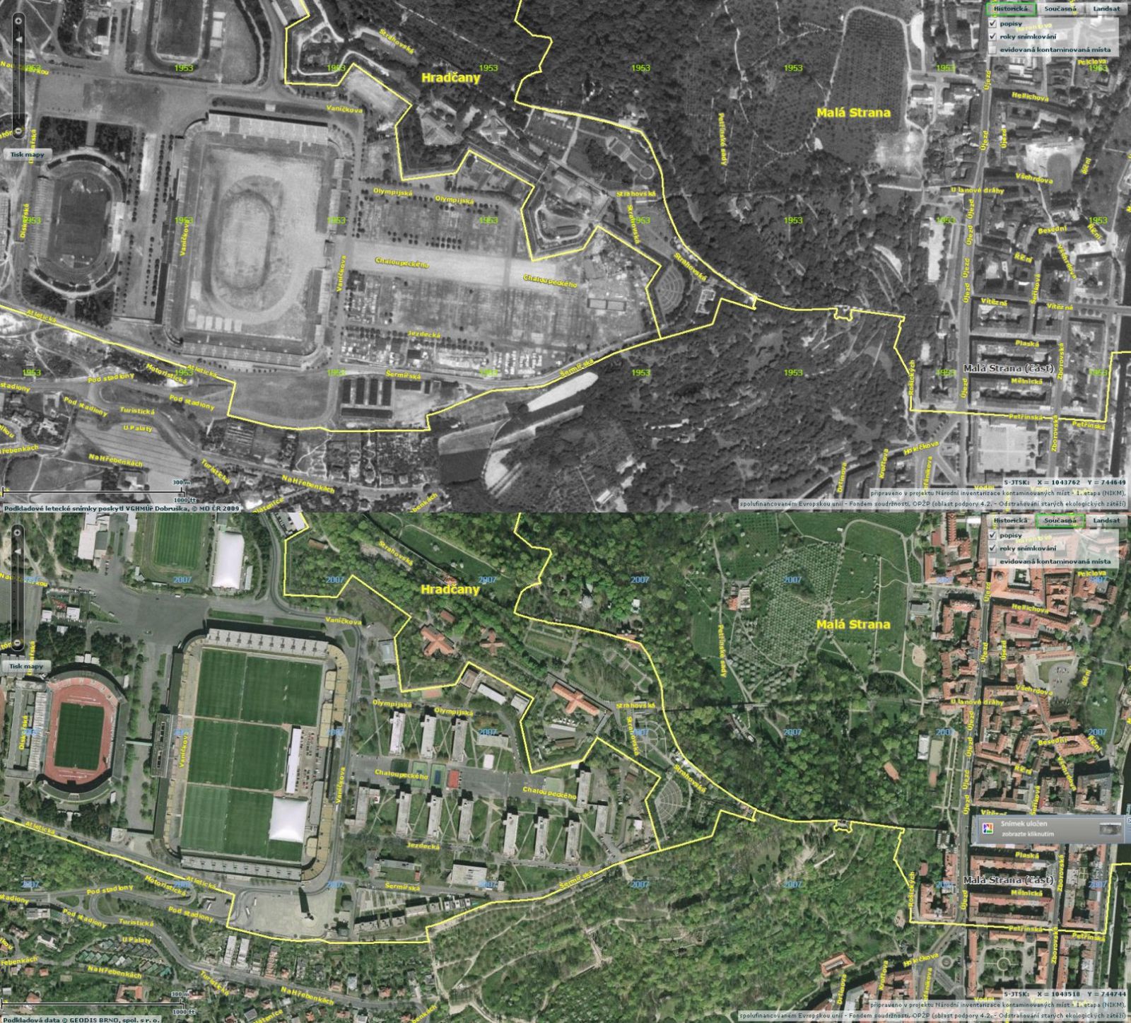 Strahovský stadion 1953 vs 2007 Strahovský stadion 1953 vs 2007