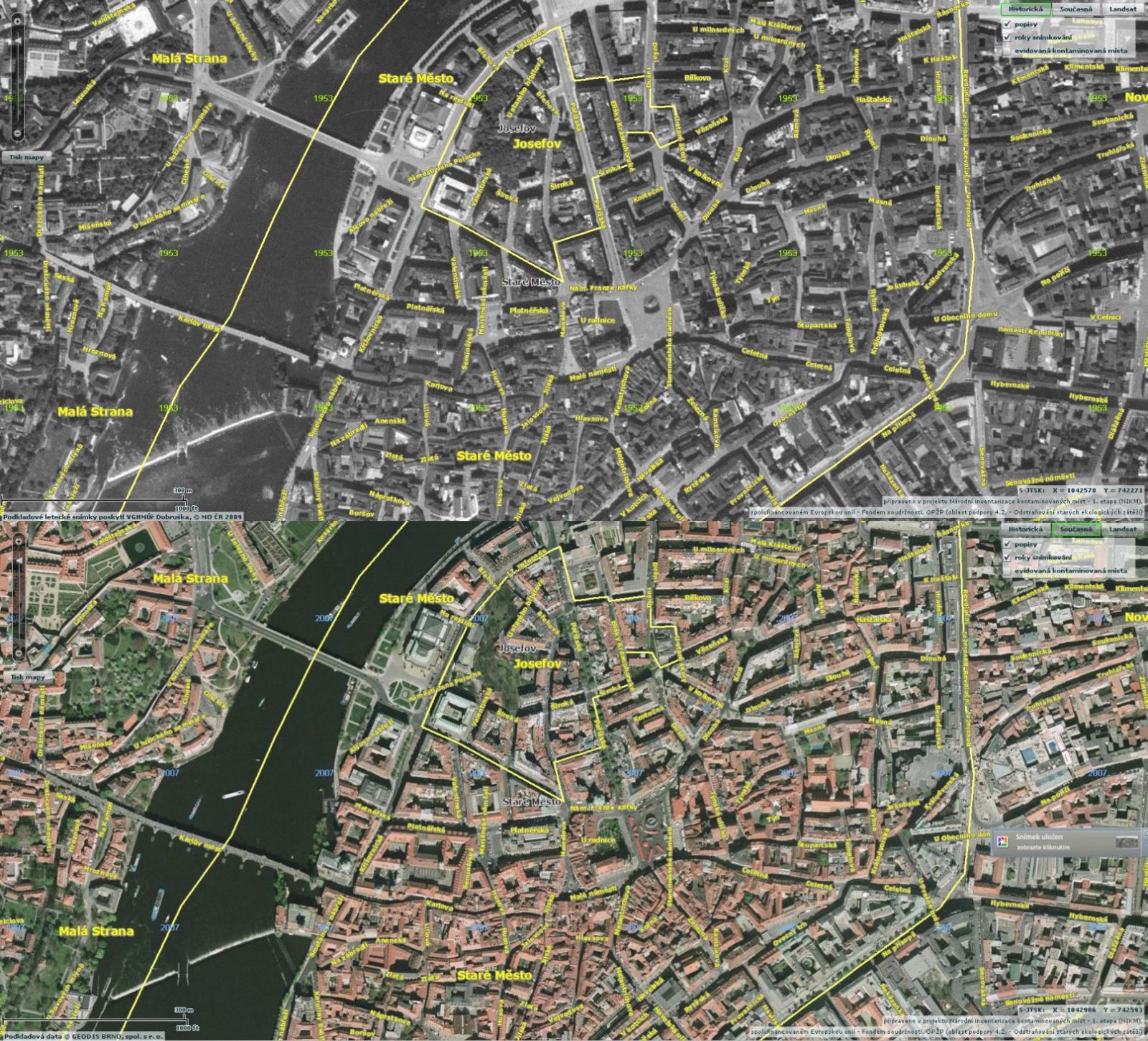 Staroměstské náměstí a Karlům most v roce 1953 Staroměstské náměstí a Karlům most v roce 1953